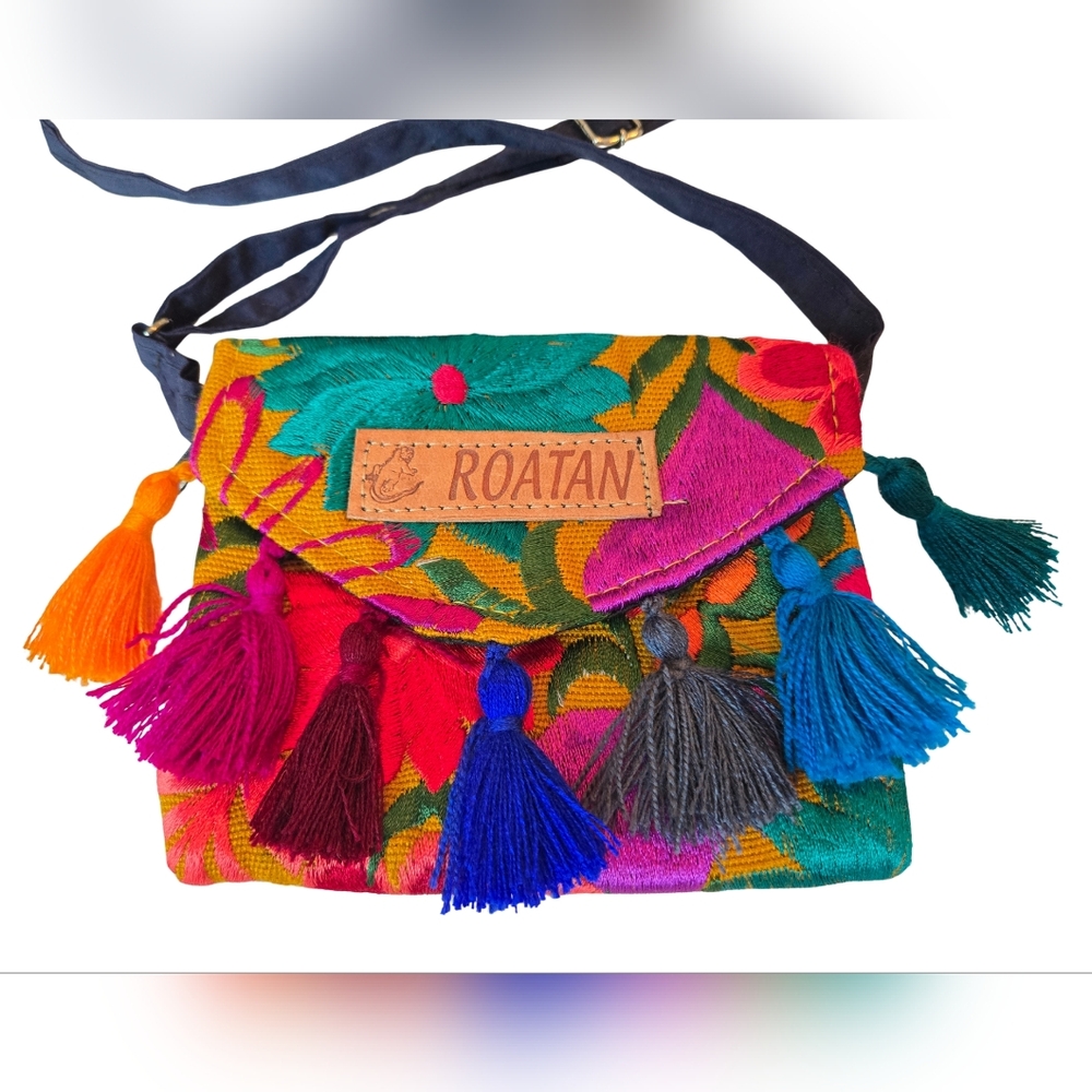 Roatan Colorful Embroidered Floral Textile Mini Bag W/Tassels - Adjustable Strap